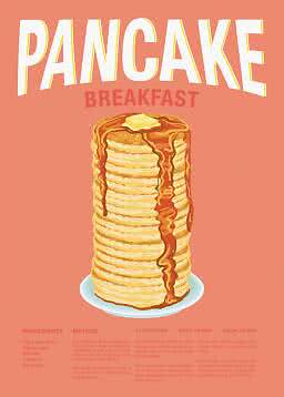 Poster con alta pila di pancake con sciroppo e burro su sfondo rosa, con scritta "Pancake Breakfast"