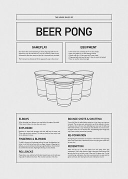 Sort-hvid plakat med beer pong-regler, tekstbokse og illustration af seks plastikkrus.