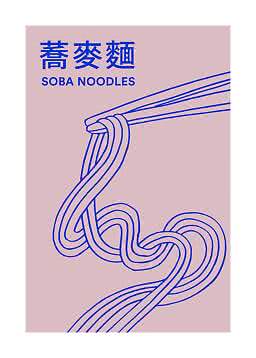 Illustration von Soba-Nudeln in Essstäbchen mit blauem Text auf rosafarbenem Hintergrund