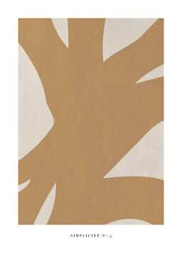 Abstracte poster met grote beige organische vormen op crèmewitte achtergrond, tekst onderaan.