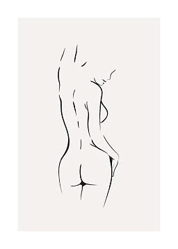Minimalist line drawing of a nude female figure in side view on a light background