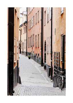 Narrow cobblestone street between pastel buildings with a bicycle parked on the right