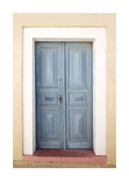 Light blue wooden double door set in a cream wall with white trim