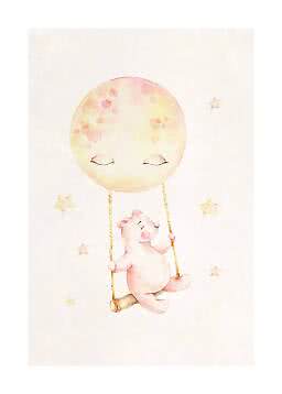 Watercolor of a pink bear on a swing hanging from a sleeping moon balloon with small stars