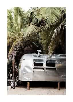 Silver trailer parked beneath tall palm trees on sandy ground