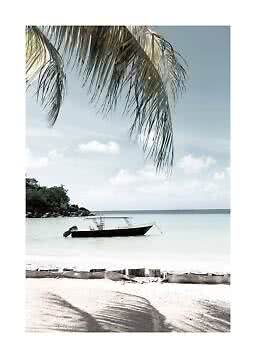 Small boat in shallow clear water by a sandy beach with palm leaves and calm sky