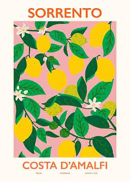 Illustriertes Poster mit gelben Zitronen, grünen Blättern und weißen Blüten auf Rosa, Sorrento