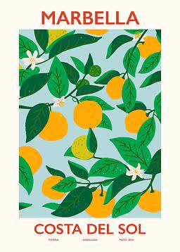 Illustrated Marbella poster with lemons, green leaves and white blossoms on a light blue background