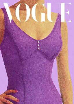 Illustration of a purple fitted strappy dress with three front buttons, with Vogue text at the top