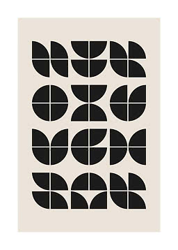 Abstraktes Poster mit schwarzen geometrischen Halb- und Viertelkreisen auf beigem Hintergrund