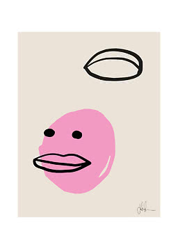 Abstract poster with pink face, black outlines, and beige background