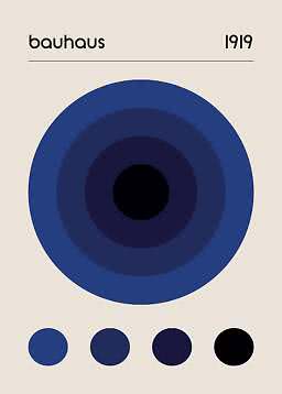 Bauhaus-plakat med koncentriske blå cirkler på beige baggrund og teksten 1919 øverst