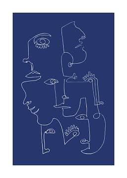 Dibujo abstracto de líneas de varios rostros en blanco sobre fondo azul oscuro