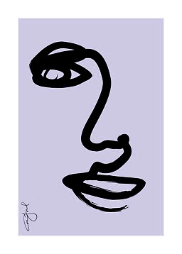 Abstract black line drawing of a face on a light purple background