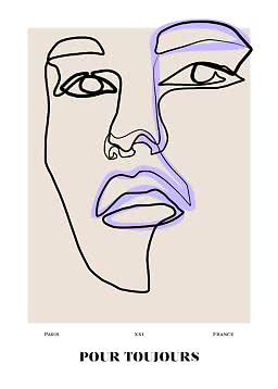 Abstrakt line art-plakat med ansigt i sort og lilla på beige baggrund, tekst nederst