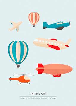 Illustration of aircraft: planes, hot air balloons, propeller plane, airship and helicopter on light blue