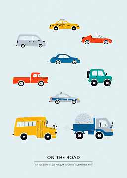 Illustration of various vehicles: taxi, van, sports car, car, pickup, off-road vehicle, police car, bus and truck