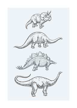 Illustration of four dinosaurs in black line art on a light blue background