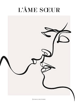Minimalistisk plakat med sort stregtegning af et ansigt og teksten "L’ÂME SŒUR"