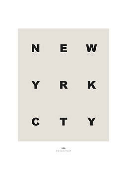 Minimalistisk poster med NEW YORK CITY i svarta bokstäver på beige bakgrund, USA och koordinater längst ner