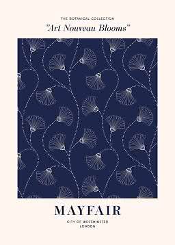 Plakat med mørkeblåt Art Nouveau-blomstermønster og teksten Mayfair, City of Westminster London