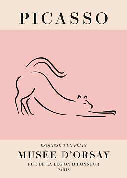 Picasso poster with minimalist line drawing of a resting cat on a pink background.