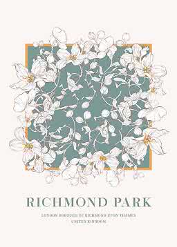 Poster floreale con fiori bianchi attorno a un riquadro verde, testo: Richmond Park, Londra, Regno Unito