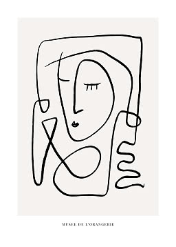 Dibujo abstracto de líneas negras de un rostro sobre fondo beige con texto Musée de l'Orangerie