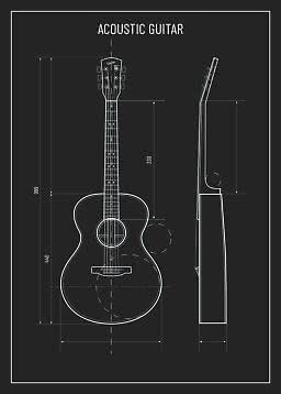 Teknisk tegning af akustisk guitar set forfra og fra siden med mål på sort baggrund