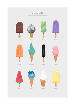 Illustration of colors with 12 ice creams and popsicles in different colors on a light gray background