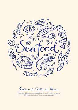 Illustreret seafood-plakat med fisk, skaldyr og tekst om Restaurant Frutti di Mare