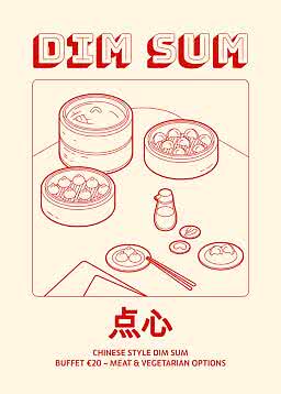 Plakat für Dim-Sum-Buffet mit Dampfkörben, Teigtaschen und Text zu chinesischem Buffet, 20 €.