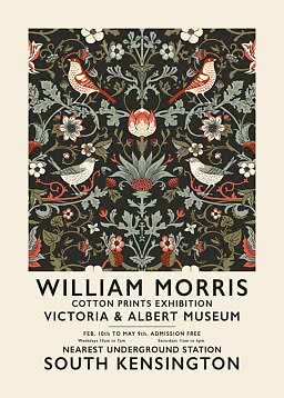 Plakat for William Morris-udstilling med symmetrisk blomstermønster og fugle på mørk baggrund