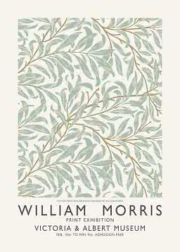Plakat med William Morris-pilegrene i lysegrønt og beige samt udstillingstekst for Victoria & Albert Museum