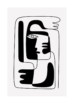 Abstract black-and-white line drawing of a face and hand on a light background