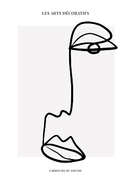 Minimalist poster with black line-drawn face and French text on a light background