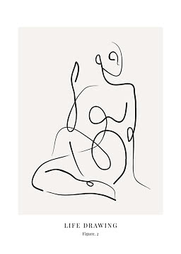 Affiche minimaliste en dessin au trait d’une figure assise sur fond clair, texte « Life Drawing »