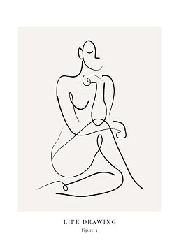 Dessin au trait minimaliste d'une femme assise sur affiche beige avec texte "Life Drawing Figure. 3"