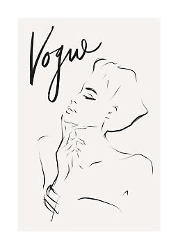 Minimalist line drawing of a woman's face with the word "Vogue" on a light background