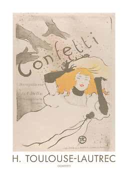 Vintage-Poster mit blonder Frau, erhobenen Armen, schwarzen Handschuhen und dem Wort Confetti.