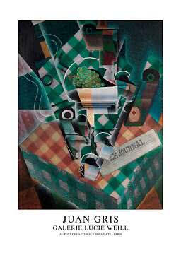 Plakat med kubistisk stilleben af Juan Gris med druer, flaske, glas og avis på ternet bord.