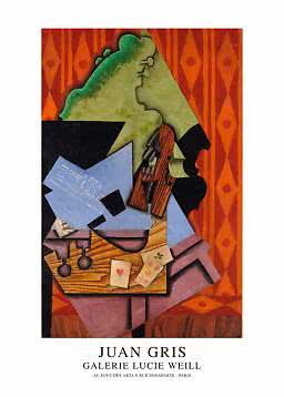 Poster cubista di Juan Gris con violino, carte da gioco e sfondo arancione decorato