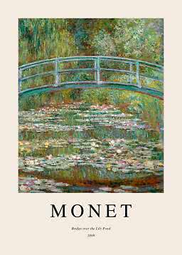 Poster featuring Monet’s painting of a green bridge over a lily pond, surrounded by lush foliage.