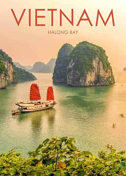 Rejseplakat for Vietnam, Halong Bay, med rødsejlet båd mellem kalkstensøer