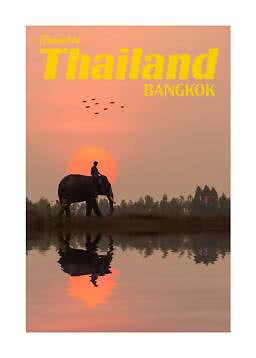 Rejseplakat for Thailand, Bangkok, med elefant og rytter ved solnedgang ved vand