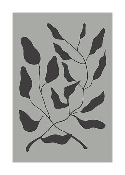 Abstrakt botanisk motiv med mørke blade og grene på grå baggrund