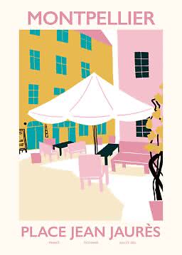 Illustriertes Reiseposter vom Place Jean Jaurès in Montpellier mit Cafétischen und Sonnenschirm