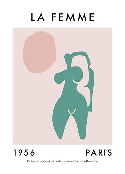 Abstract poster with green female figure, pink circle, and text "LA FEMME 1956 PARIS"