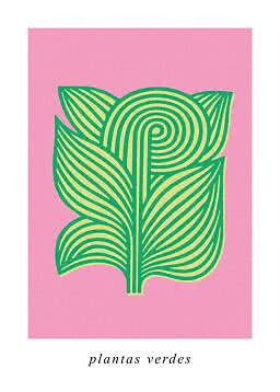 Illustrazione astratta di pianta verde su sfondo rosa con testo "plantas verdes"
