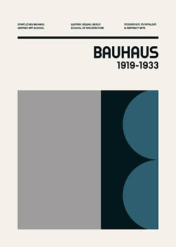 Minimalistyczny plakat Bauhaus z napisem 1919-1933 i abstrakcyjnymi formami geometrycznymi w szarości i błękicie